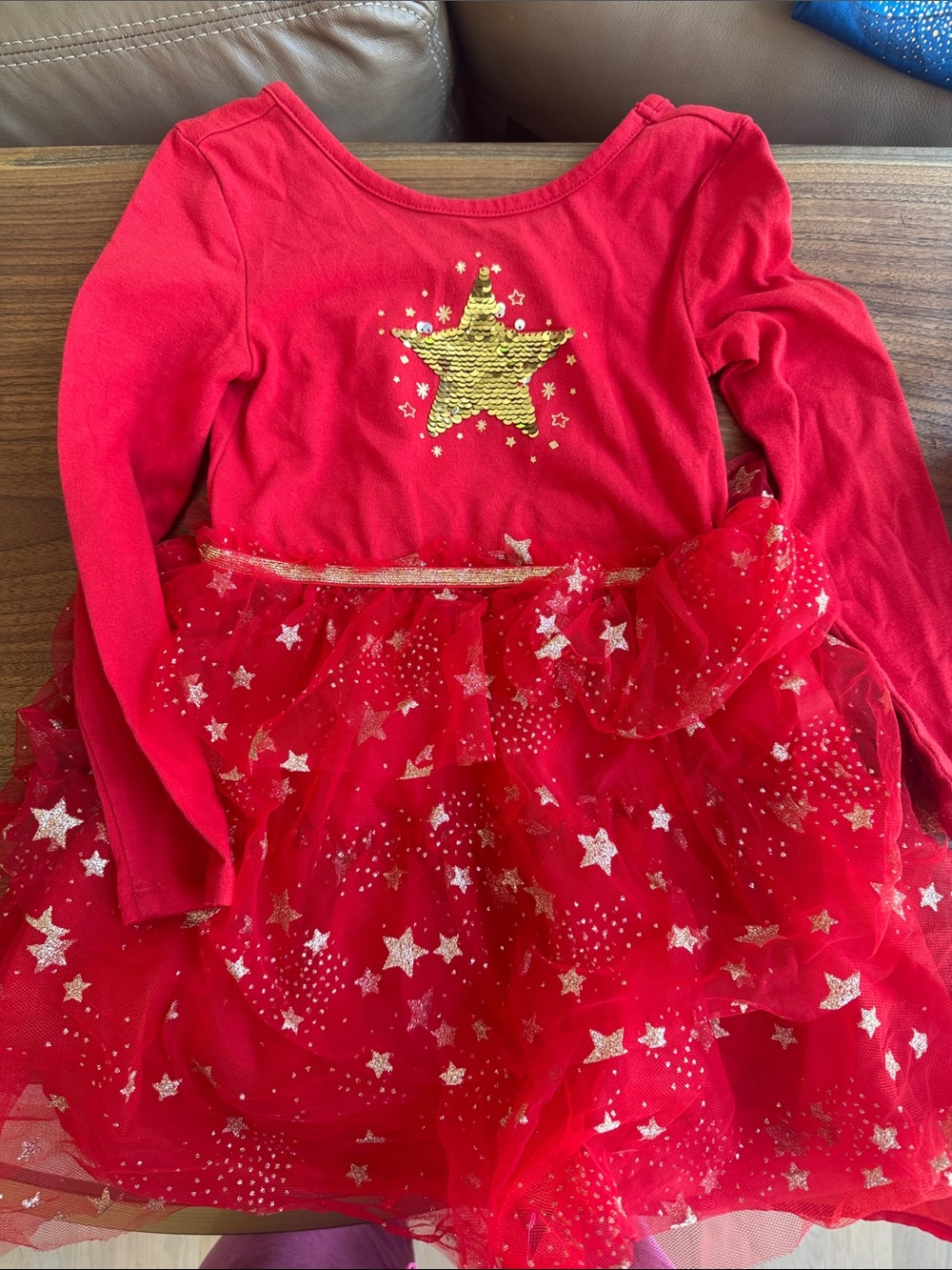 Cat & Jack Red Long-Sleeve Star Tulle Dress with Gold Sequin Star